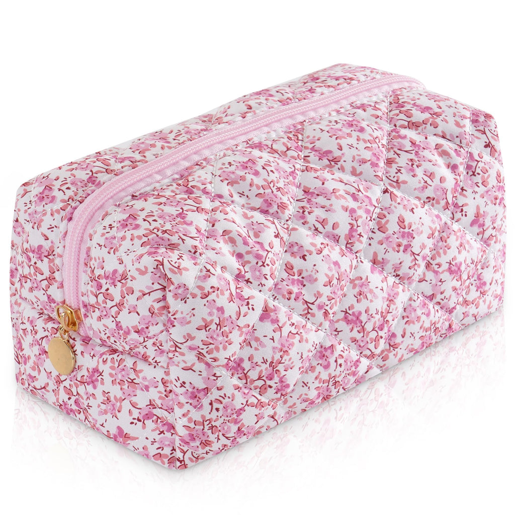 UUYUUY Makeup Bag Travel Toiletry Bag for Women, Small Cosmetic Bags Cute Quilted Cotton Makeup Pouch for Purse Emergency Bag Pencil Case Accessory Bag, Baby Pink