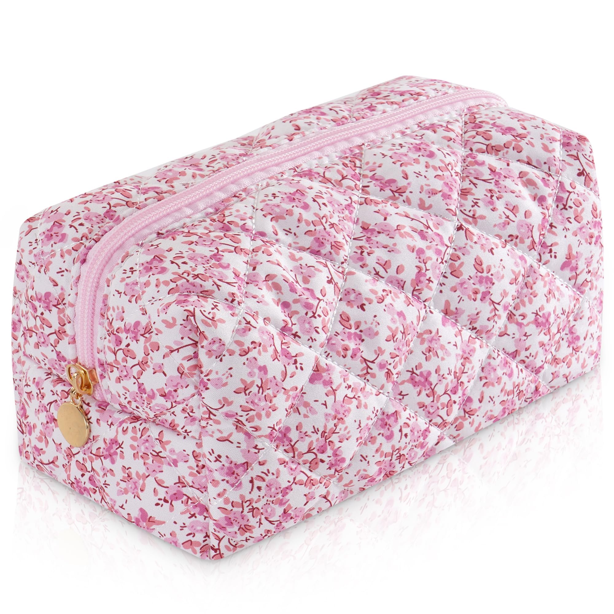 UUYUUY Makeup Bag Travel Toiletry Bag for Women, Small Cosmetic Bags Cute Quilted Cotton Makeup Pouch for Purse Emergency Bag Pencil Case Accessory Bag, Baby Pink