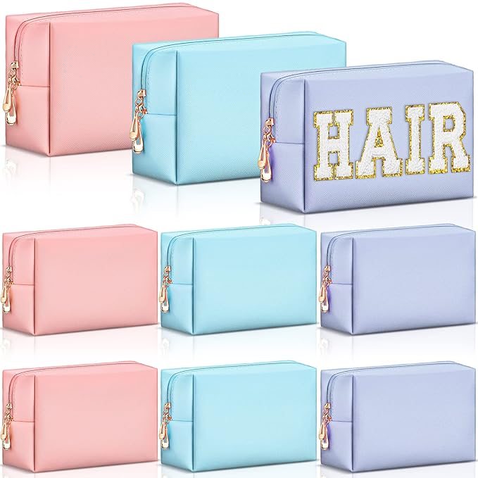 Sanwuta 9 Pcs Makeup Bags Bulk Bridesmaid Proposal Gifts Cosmetic Bags Preppy PU Leather Double Zipper Toiletry Pouch Portable Travel Organizer Case for Women Bachelorette Gift(Pink, Blue, Purple)
