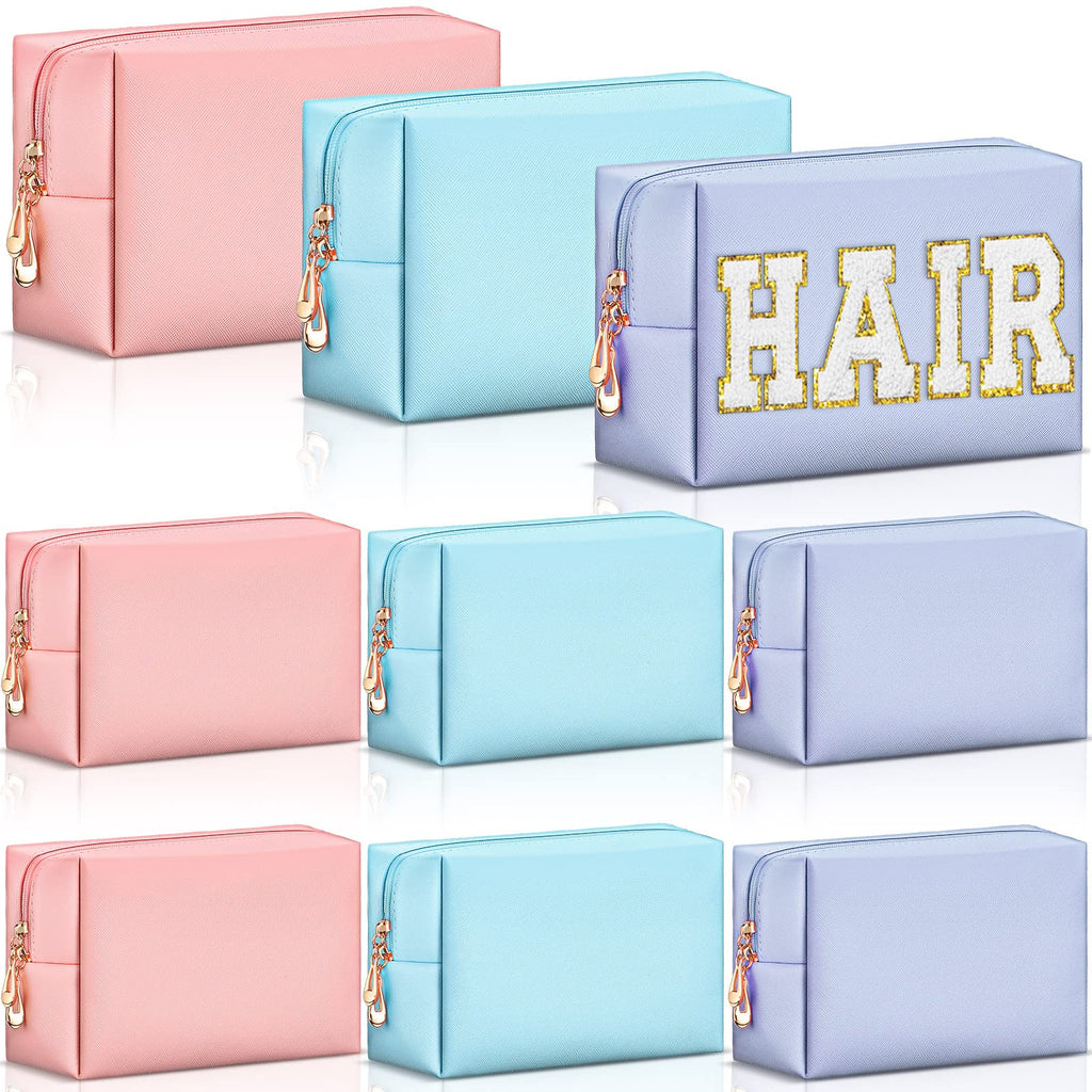 Sanwuta 9 Pcs Makeup Bags Bulk Bridesmaid Proposal Gifts Cosmetic Bags Preppy PU Leather Double Zipper Toiletry Pouch Portable Travel Organizer Case for Women Bachelorette Gift(Pink, Blue, Purple)