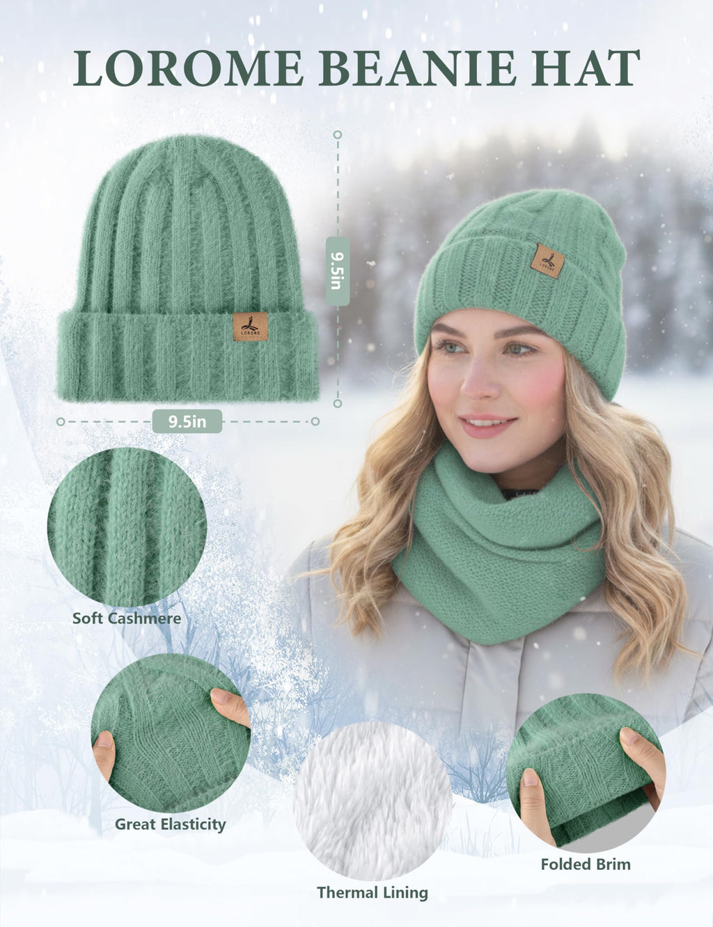 LOROME Winter Beanie Hat Gloves Scarf, Cashmere Hat Gloves Scarf Set Women