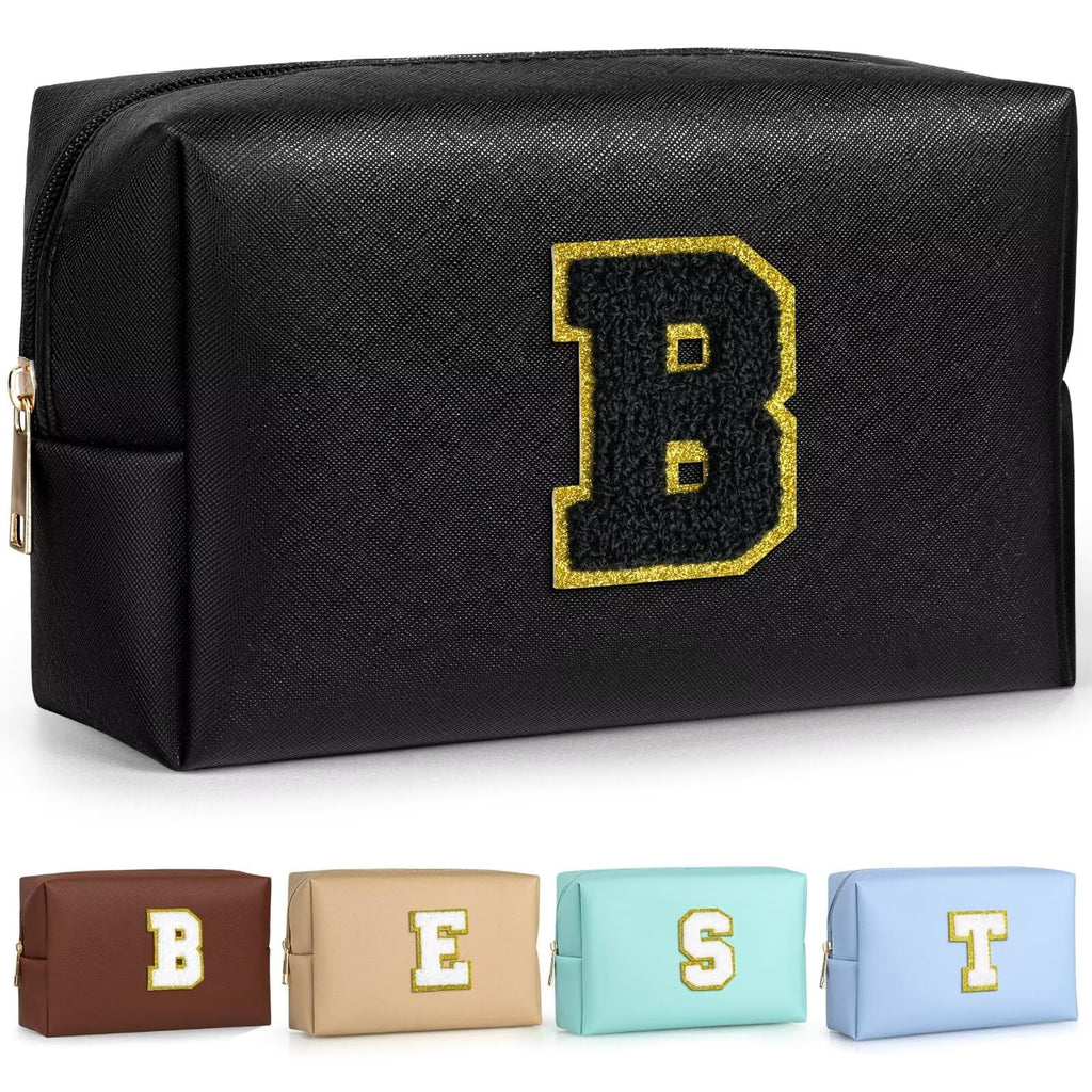 TOPEAST Preppy Patch Makeup Bag, Chenille Letter Pouch Cosmetic Bag, PU Leather Waterproof Toiletry Bag, Personalized Birthday Gift for Women Girl, Cute Stuff for Girls (Black B)