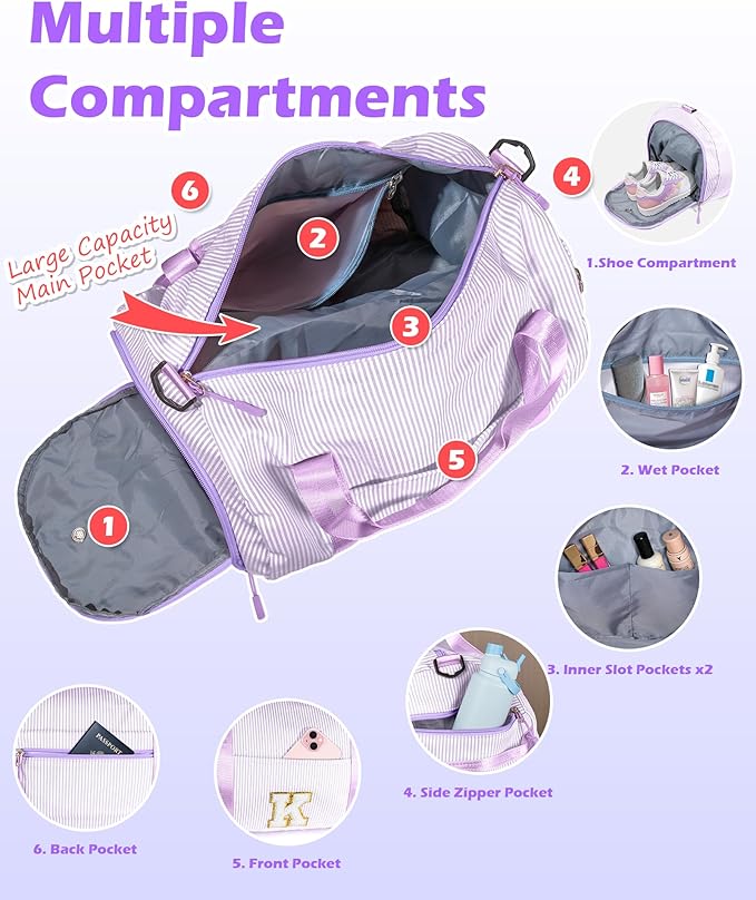 Gifts for Grandkids, Girls Travel Duffle Bag, Kids Initial Overnight Duffel Bags with Shoe Compartment, Personalized Dance Bag with Cosmetic Pouch, Birthday Gift Ideas (Letter I)