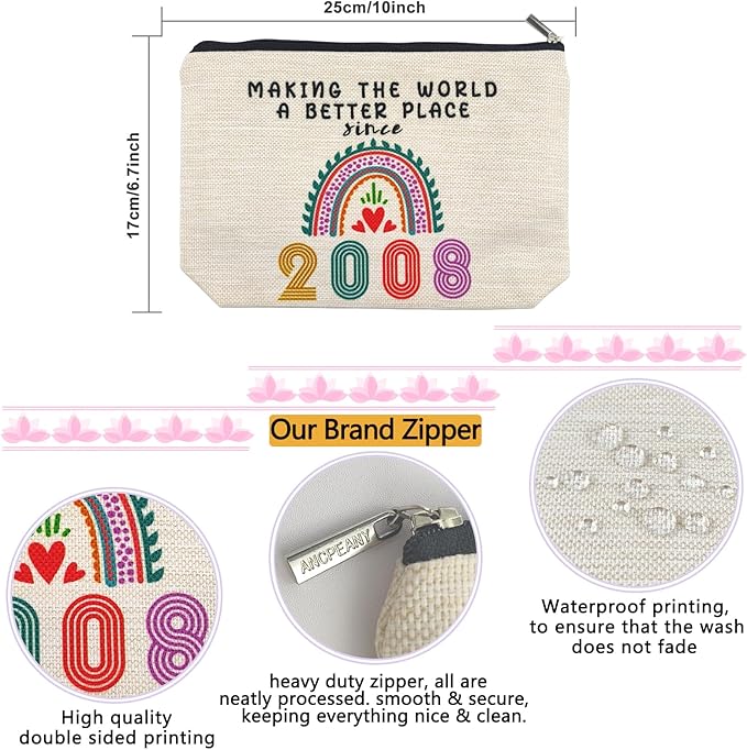 Ancpeany Happy 18th Birthday Decorations for Girls, 18th Birthday Gifts for Girls, Her, Sister, Daughter, Niece, Funny 2008 Gifts for 18 Year Old Girl, Travel Makeup Bag, Rainbow Linen Cosmetic Case