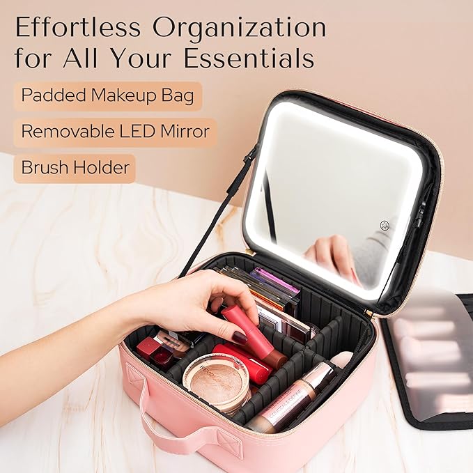 Aura In Bloom Makeup Bag with LED Mirror – Travel Cosmetic Organizer with Lighted Mirror, Adjustable Dividers & Brush Holder Storage – Portable PU Leather Makeup Case for Women & Girls - Pink