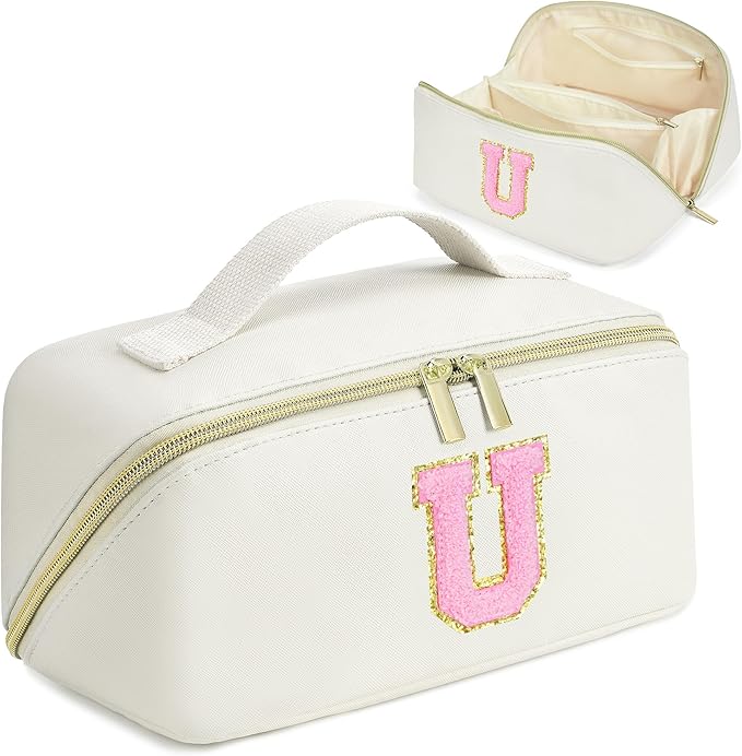 for Valentines Day Gifts, Makeup Bag for Women, PU Leather Travel Toiletry Bags, Initial Make Up Cosmetic Pouch for Teen Girls, Wide Open Portable Skincare Bag, Personalized Birthday Gifts, White U