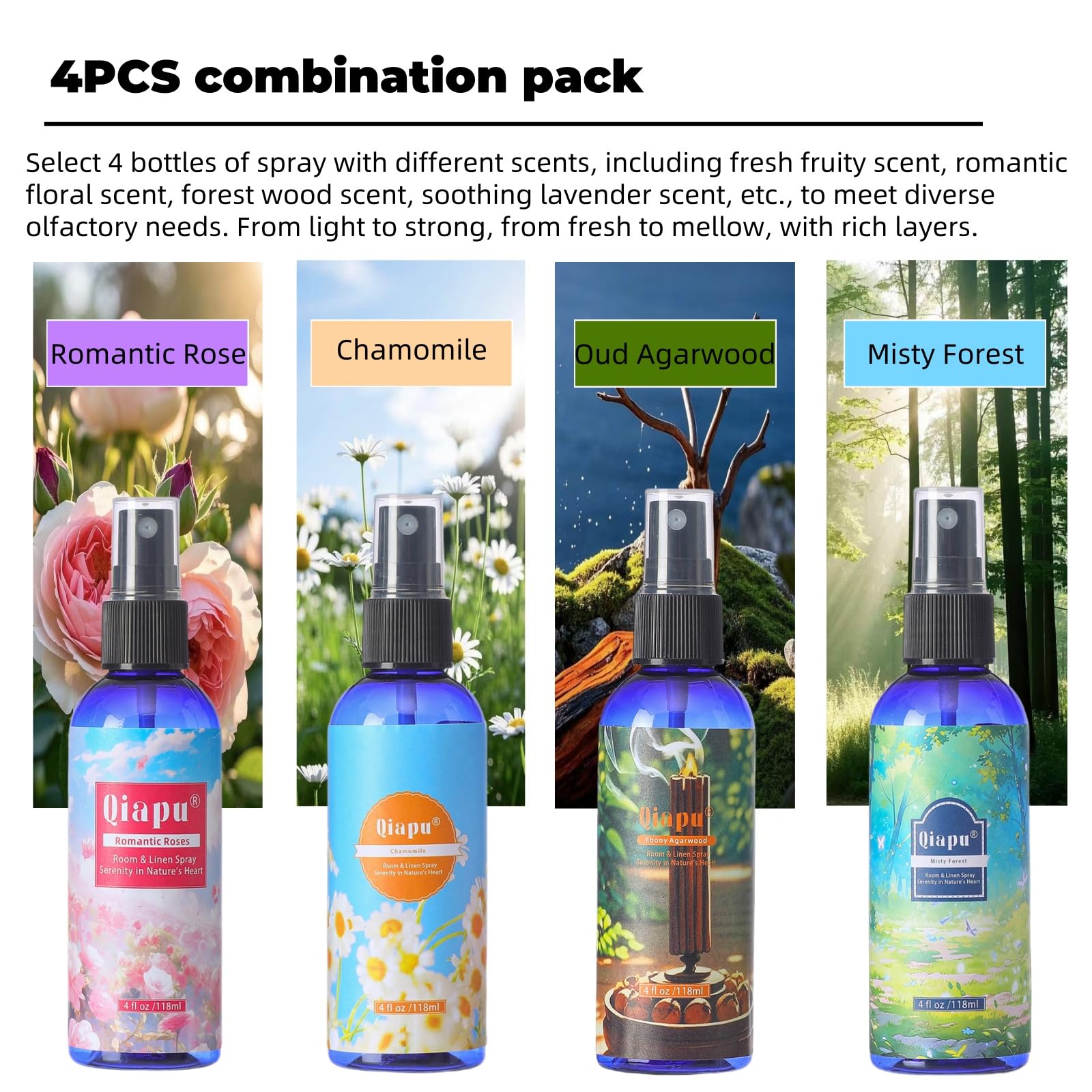 Natural Bedroom Linen Spray Scented Room Mist with Plant Extracts Long Lasting Freshness for Sheets, Pillows & Curtains –Ebony Agarwood + Misty Forest + Chamomile + Romantic Rose 4oz（4 Bottle）