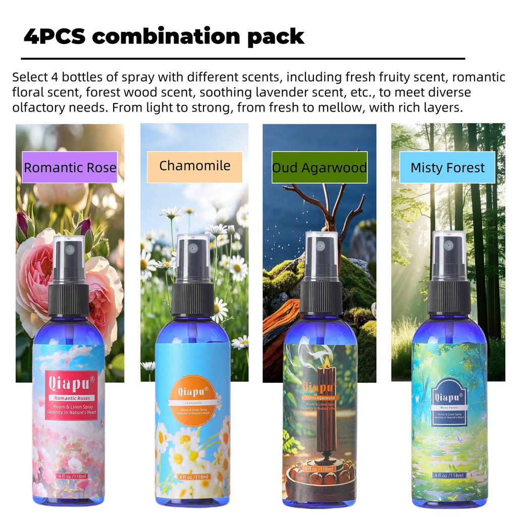 Natural Bedroom Linen Spray Scented Room Mist with Plant Extracts Long Lasting Freshness for Sheets, Pillows & Curtains –Ebony Agarwood + Misty Forest + Chamomile + Romantic Rose 4oz（4 Bottle）