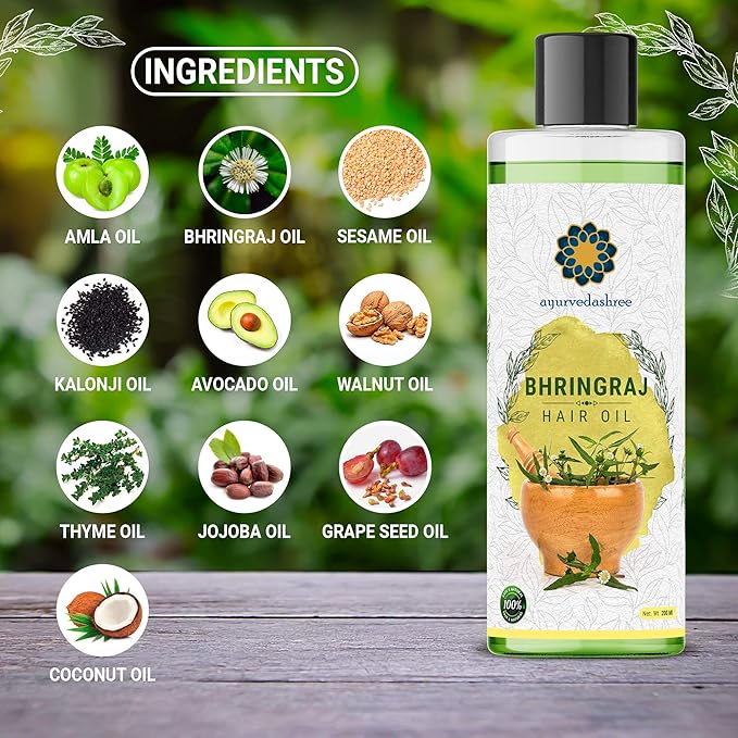 AYURVEDASHREE Hair Oil 6.76 fl oz., with Bhringraj, Amla Extract, Kalonji, Seasme, Avacado, Walnut, Thyme, Jajoba, Grape Seed & Coconut Oil 200 ml