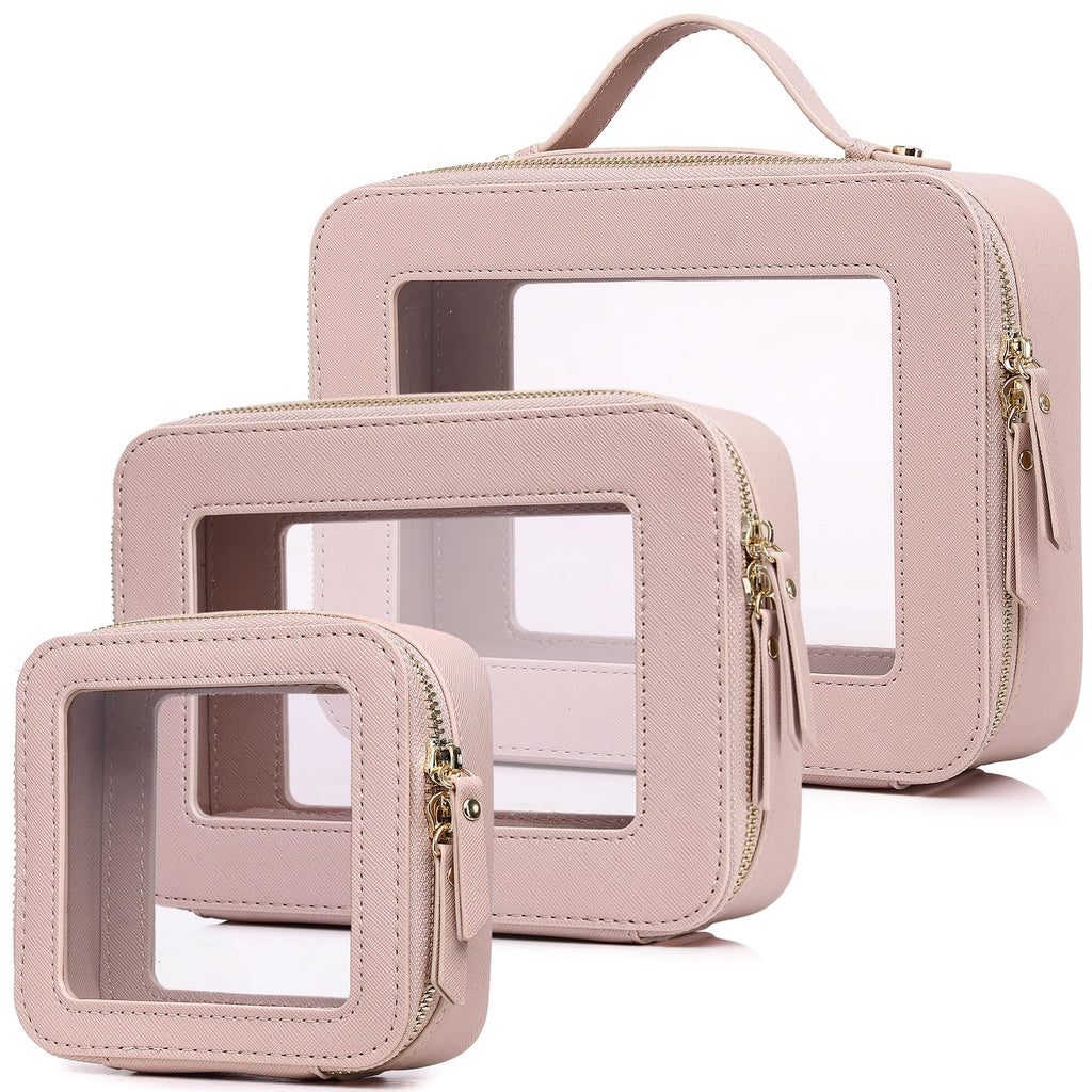 Pinkmik Clear Makeup Bag Waterproof Travel Case for Cosmetics and Toiletries Women's Purse Organizer and Clear Car Bag with Zipper (Pink, L+M+MINI)