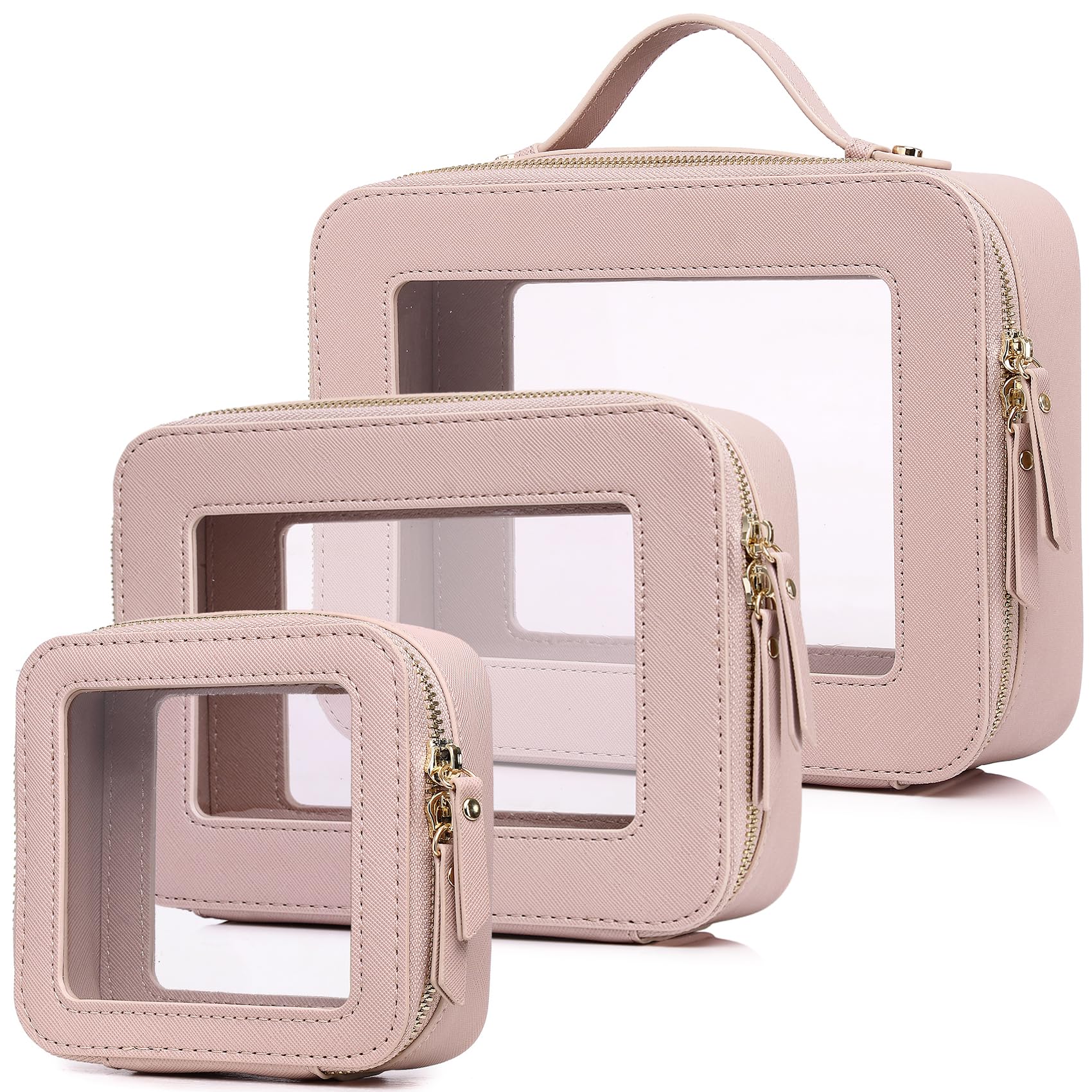 Pinkmik Clear Makeup Bag Waterproof Travel Case for Cosmetics and Toiletries Women's Purse Organizer and Clear Car Bag with Zipper (Pink, L+M+MINI)