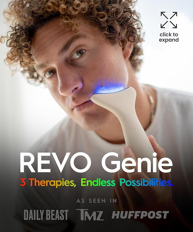REVO Genie Facial Massager for Face and Neck, LED Beauty Device with Heat and Vibration, Depuffing Sculpting Tool with Red Blue Green Light Modes for Skincare Routine