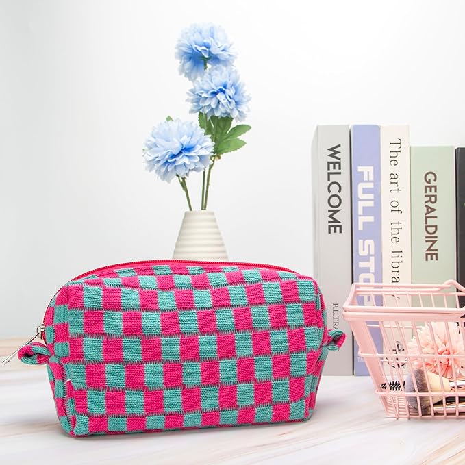 Checkered Makeup Bag for Purse, Small Cosmetic Pouch,Magenta Green,6 Pack