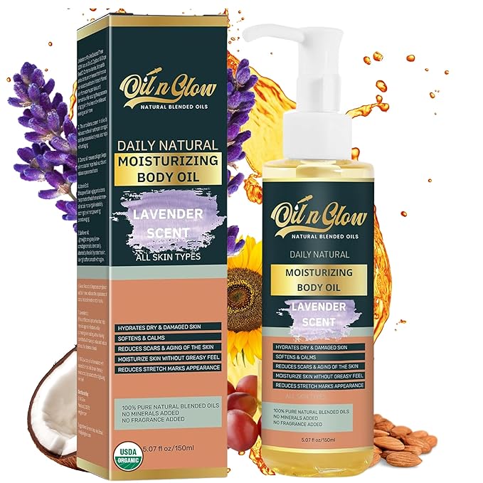 OilnGlow 100% Natural Hydrating Body Oil After Shower, Non-Greasy Moisturizing Body Oils For Women, & Men Dry Skin 5.07 fl oz/150ml- Lavender Scent