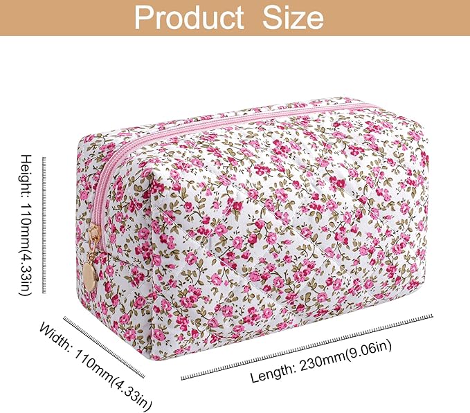 HHQQWZ Makeup Bag Travel Cosmetic Bag for Women Girls, Zipper Make Up Pouch, Floral Flowers Toiletry Organizer Makeup, Portable Storage Cosmetic Travel Cloth Bag (Blue Floral+Flower-Red)