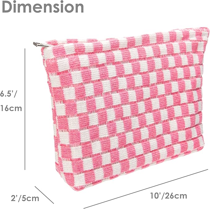 PAZIMIIK Checkered Makeup Bag for Purse, Small Flat Cosmetic Pouch,Pink