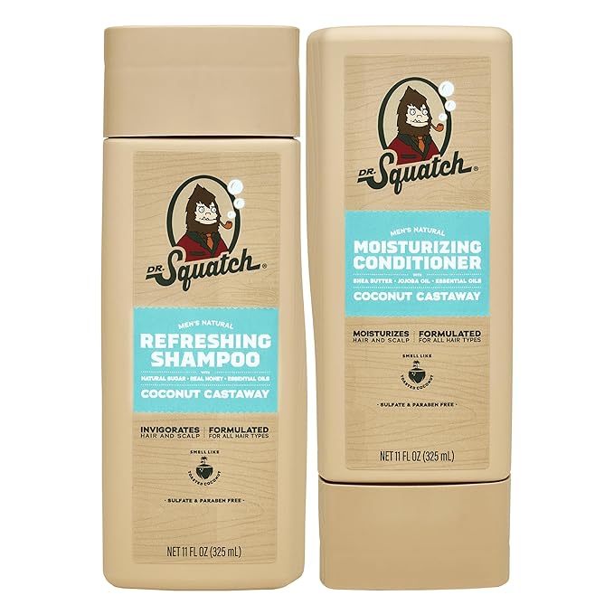 Dr. Squatch Men's Natural Shampoo and Conditioner Set – Sulfate & Paraben Free Natural Shampoo and Conditioner for Men – Scalp Nourishing Formula – Coconut Castaway (11 fl oz, 2-Pack)