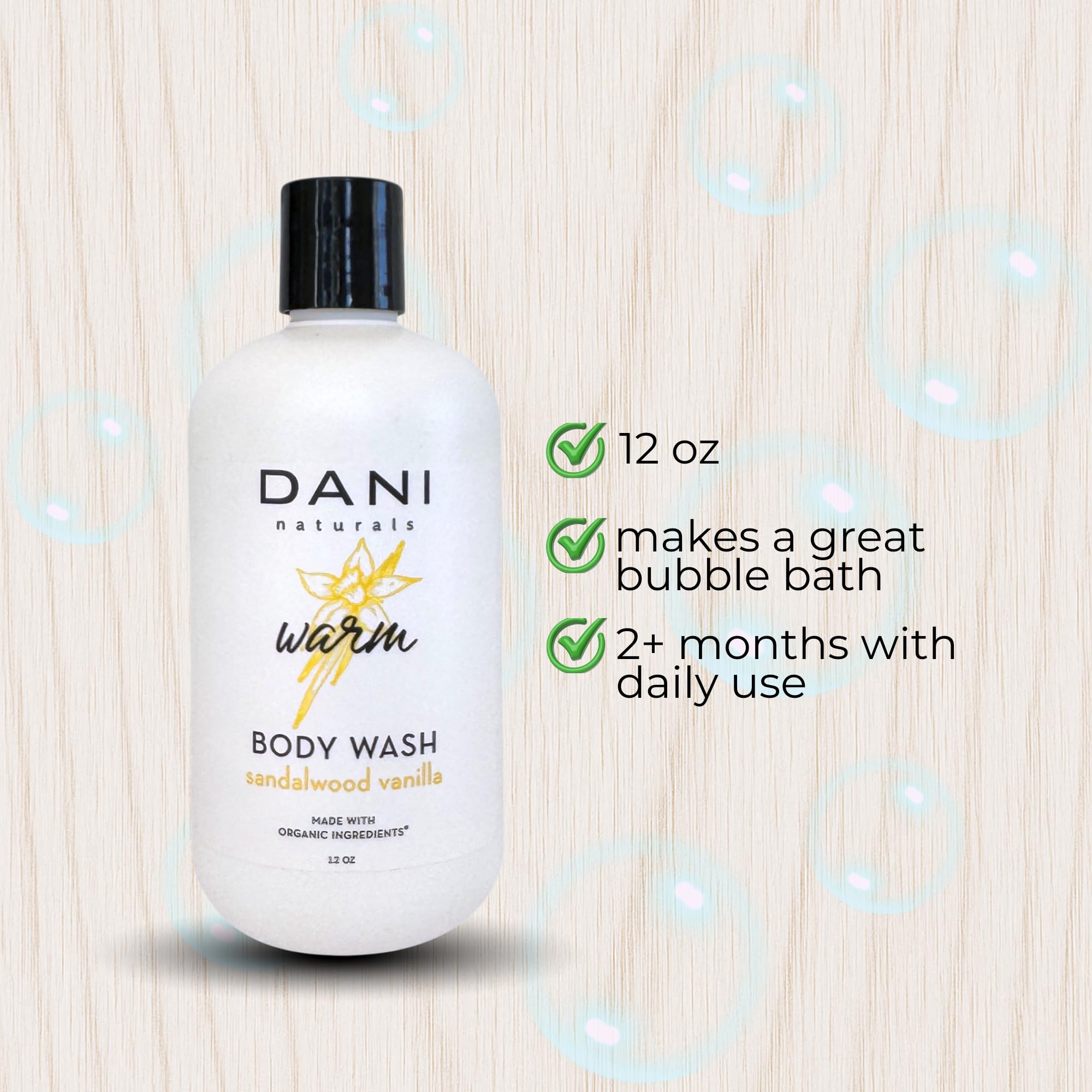 DANI Naturals Sandalwood Vanilla Body Wash, Sulfate-Free and Vegan,12 fl oz