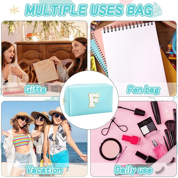 URSKYTOUS Gifts for Girls Initial Makeup Bag Personalized Cosmetic Bag with Zipper Cute Travel Toiletry Bag Waterproof PU Preppy Makeup Pouch Birthday Gift for Teen Girls Women(Blue F)