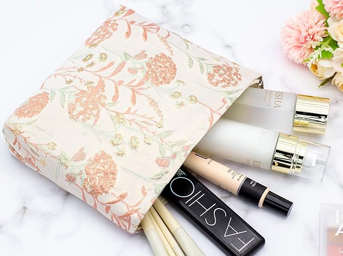PAZIMIIK Makeup Bags for Purse Zipper Cosmetic Pouch Large Travel Canvas Make Up Organizer Tool Pouch for Women and Girls,Brocade Flower Pink