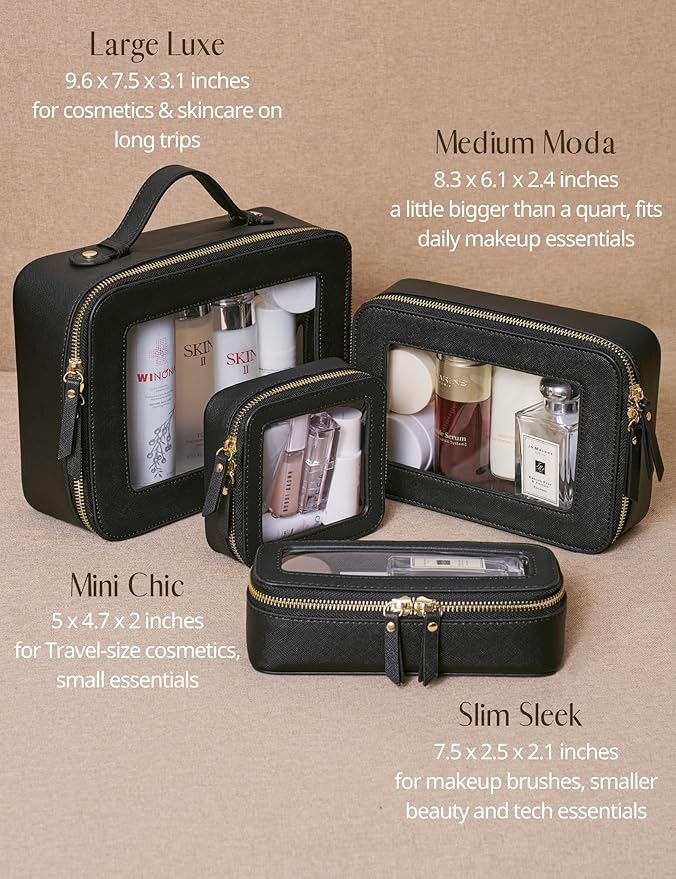 Popvibe Clear Toiletry Bag 2 Pack, Travel Makeup Bag Medium and Large Black