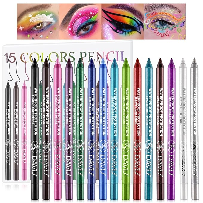 Meilury 15 Colorful Eyeliner Pen Set, Eye Shadow Pencil, Pearl Eyeliner Kit Metallic Glitter Colored Eye liner for Women Eye&Lip Liner Professional Waterproof Eye Makeup