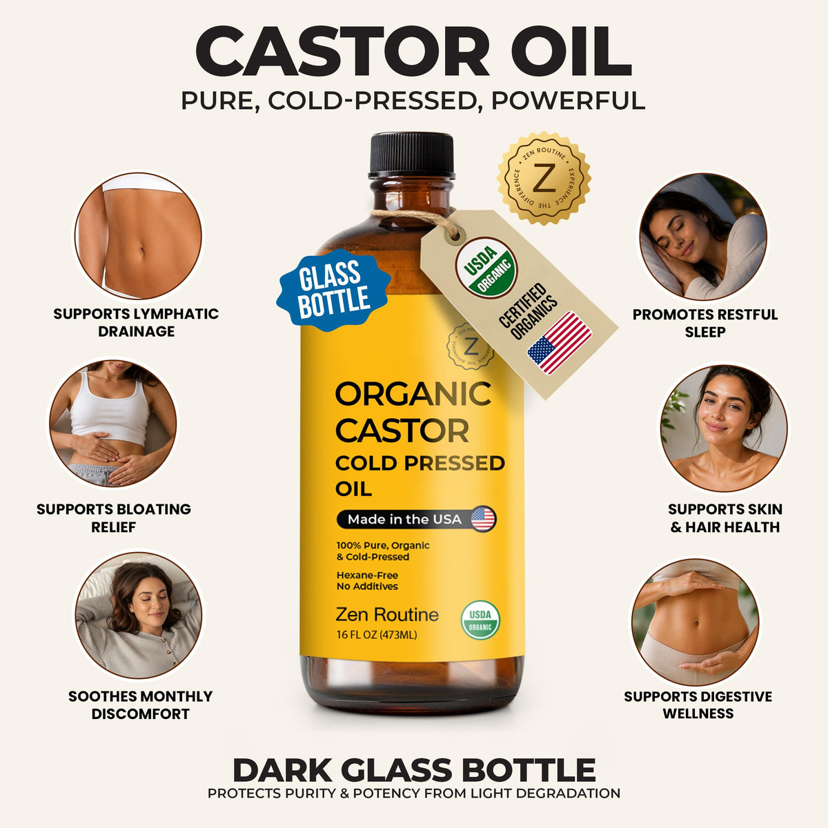 Zen Routine Organic Castor Oil in Glass Bottle – Cold Pressed Hexane Free – For Hair Growth, Face, Eyelash, Skin, Stomach & Castor Pack Wrap – 100% Pure & Unrefined 16 fl oz — Made in USA