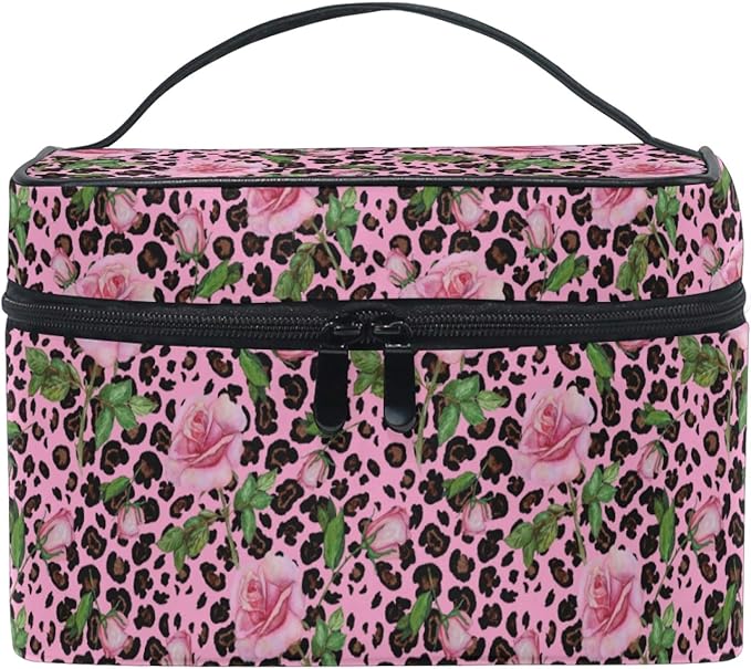MNSRUU Makeup Bag, Roses On Pink Leopard Travel Makeup Organizer Bag Cosmetic Cases Toiletry Bags for Girl Women Ladies