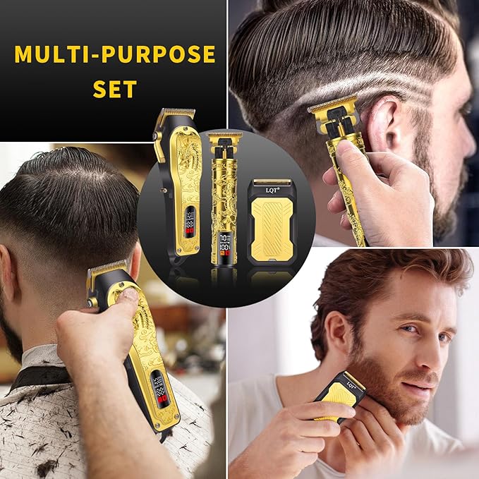 LQT Professional 3-in-1 Haircut and Shaving Set, Gold Design LED Display 17 Accessories + Travel Storage Box, Equipped with Large Capacity Battery, Holiday Gift, Men's Gift
