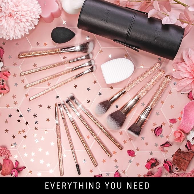 Niré Beauty Glitter Makeup Brush Set, 15 Piece, Rose Gold
