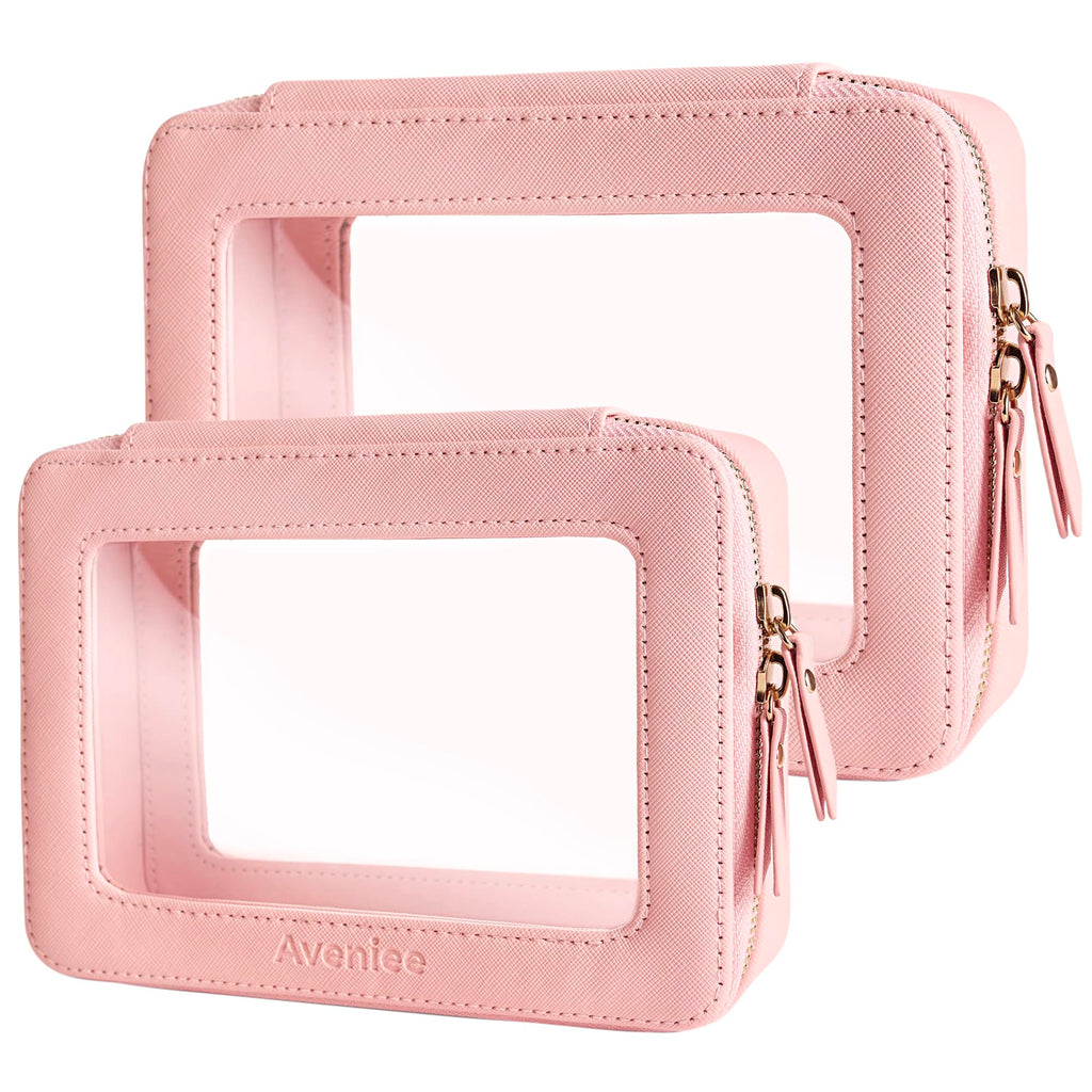 Aveniee Clear Makeup Bag Organizer Set,Portable Travel Toiletry Case for Women, Vegan Leather Cosmetic Pouch Car Bag for Essentials 2pcs,Middle & Large,Pink