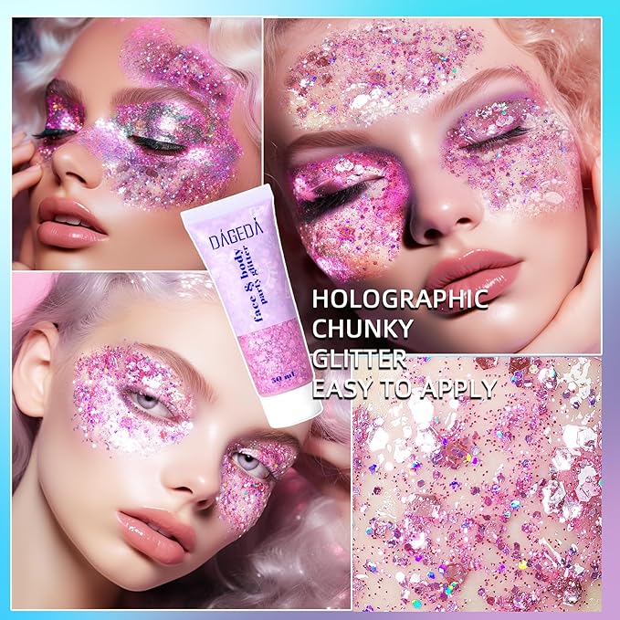 DAGEDA Pink Body Glitter Gel, Sparkly Hair Face Glitter Makeup Accessories