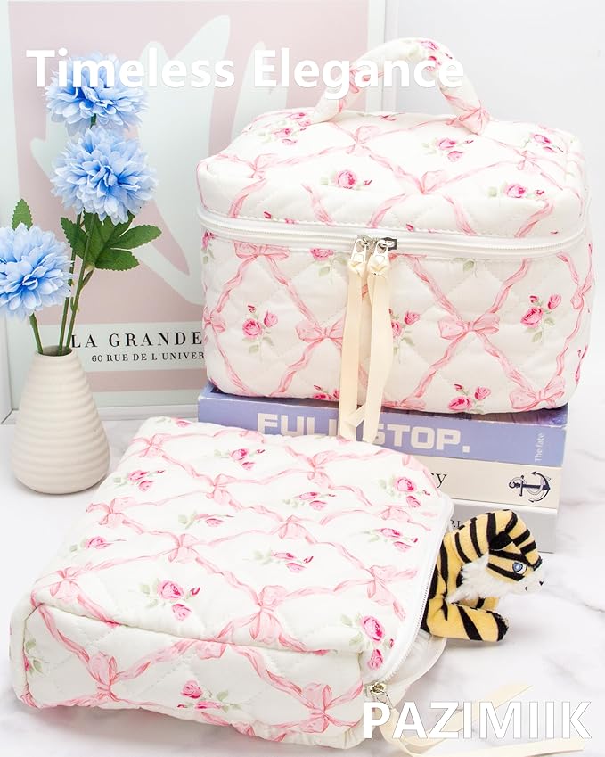 Quilted Makeup Bag for Women, Travel Cosmetic&Toiletry Bag,Bow Rose