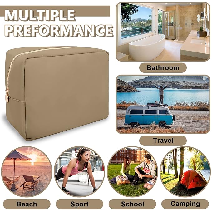 UIXIZQ Large Makeup Bag Pouch,Nylon Women Travel Toiletry Storage Bag Preppy Cosmetic Bag for Girls,Big Makeup Organizer Bag Cute Zipper Pouch Skincare Bag for Sport Work Gift(Large-Khaki)