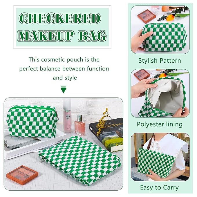 ZLFSRQ 2Pcs Checkered Makeup Bag for Women Large Small Travel Toiletry Bag Organizer Aesthetic Zipper Cosmetic Bags Cute Makeup Pouch for Purse Pencil Case Pencil Pouch Skincare Storage Bags (Green)