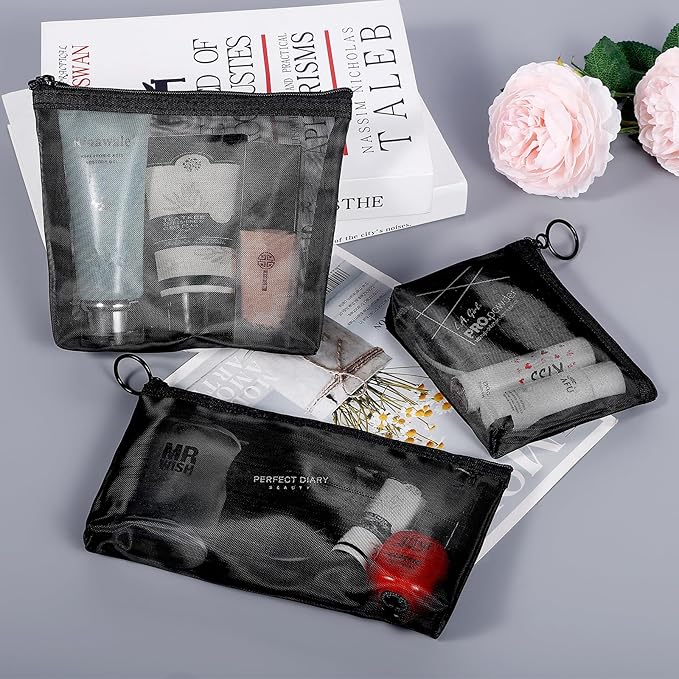 Fassave 8 Pack Mini Zipper Mesh Makeup Bags, Nylon Cosmetic Bags Toiletry Purse Travel Organizer Bags Inside Bag for Office Travel Organization (Widened-Black, XS)