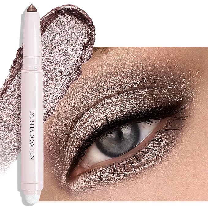 Wugbc Taupe Shimmer Eyeshadow Stick, Cream Eyeshadow Long-Lasting Crease-Proof Neutral Glitter Eye Shadow Eyeliner Pencil High Pigmented Highlighter Makeup with Blending Brush & Built-in Sharpener
