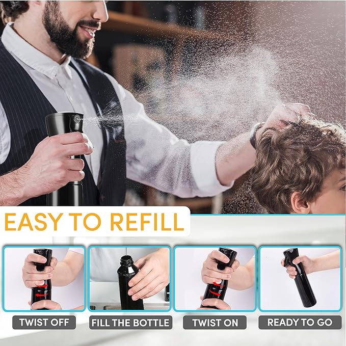 Hula Home Spray Bottle for Hair (10.1oz/300ml) - Continuous Ultra Fine Mist Sprayer – For Hairstyling, Cleaning, Salons, Plants, Essential Oil & More - Black