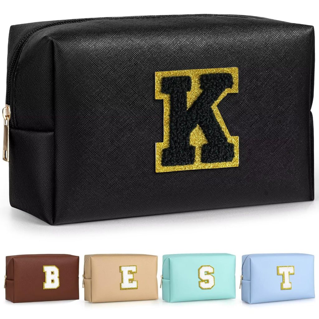 TOPEAST Initial Cosmetic Bag, PU Leather Waterproof Travel Toiletry Bag, Monogrammed Gifts for Women, Personalized Birthday Gift for Sister Friends, Cute Stuff for Girls (Black K)