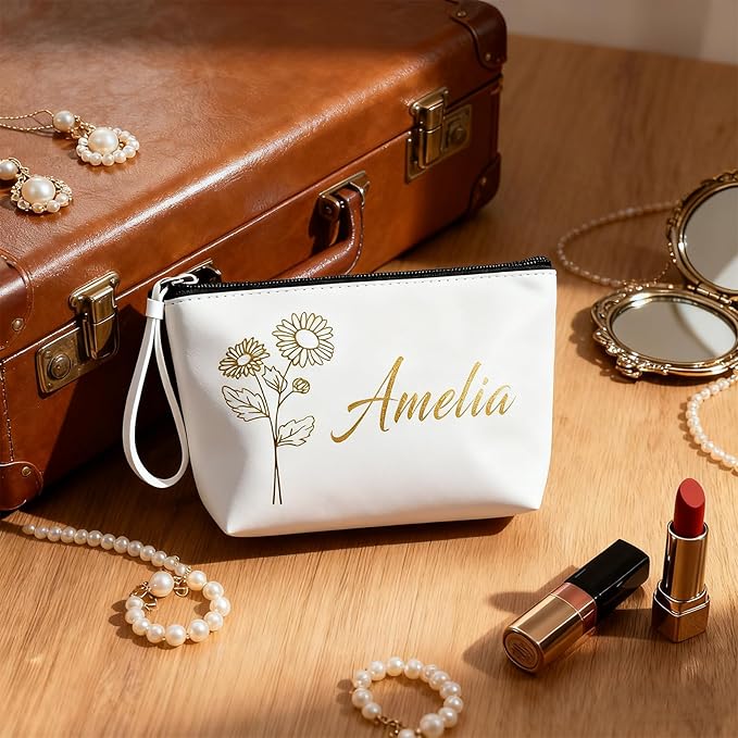 Bliver Personalized Makeup Bag Initial&Birth Flower Custom Small Travel Cosmetic Bag with Name Cute Makeup Bag for Women Girls