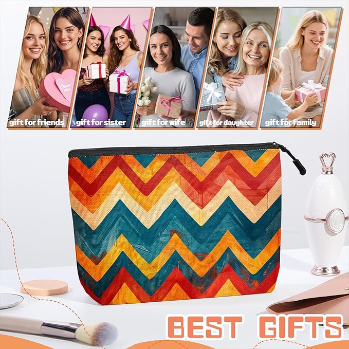 Scribesense Cosmetic Bags Travel Makeup Toilet Case Waterproof Pouch for Women Girls 6.7X9.45inches - Zigzag Pattern in Warm And Cool Tones