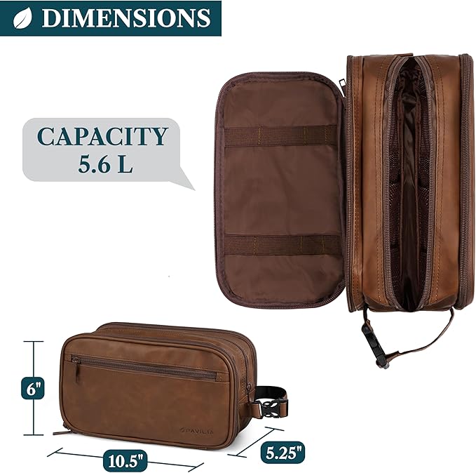 PAVILIA Toiletry Bag for Men, Travel Toiletries Bag | Water-resistant Dopp Kit, PU Leather Shaving Pouch Organizer for Accessories, Cosmetic, Hygiene, Grooming Essentials (XL, Brown)