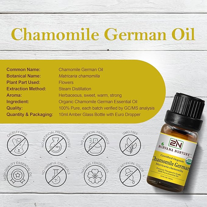 Nirvana Nurture Chamomile German Essential Oil USDA Certified Organic, 100% Pure Natural Premium Grade, Undiluted- Aromatherapy Diffuser for Calm and Relaxation, Skin Care, Hair Care