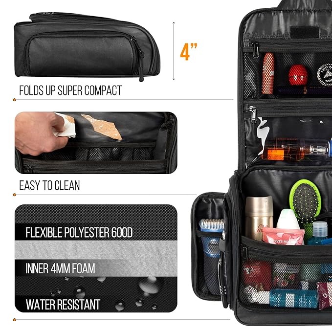 AvaJex Travel Toiletry Bag for Men - Large Dopp Kit (10.6"x10.6"x3.2") - Hanging Waterproof Mens Hygiene Organizer Bag with XXL Metal Swivel Hook, Sturdy Zippers and 19 Compartments for Toiletries