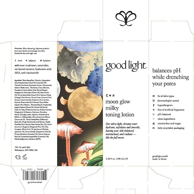 Good Light Moon Glow Milky Toner. Dreamy, Ultra-Light Facial Toner That Both Hydrates and Sheds Dead Skin Cells. Made with Niacinamide, Ceramides and AHAs. Sensitive Skin Safe (3.38 fl oz)