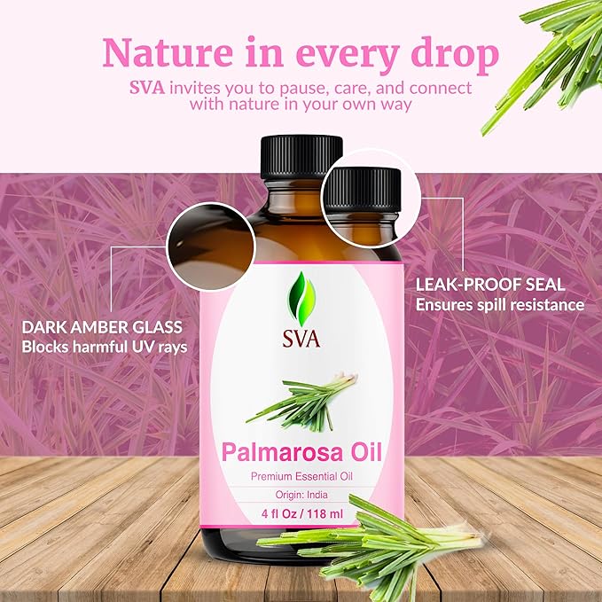 SVA Palmarosa Essential Oil, Glass Bottle with Dropper, 4 Fl Oz (118 ml)