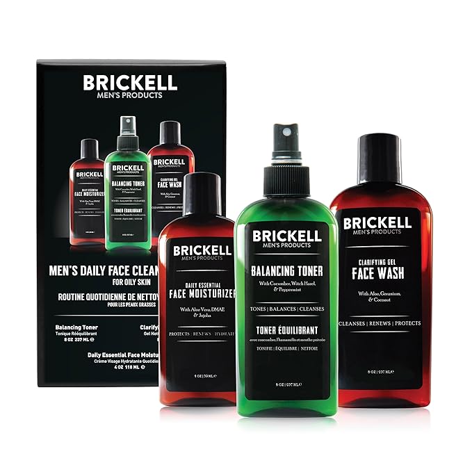 Brickell Men's Daily Face Cleanse Routine for Oily Skin, Alcohol Free Toner, Gel Facial Wash and Moisturizer, With Hyaluronic Acid, Aloe, and Witch Hazel, Scented