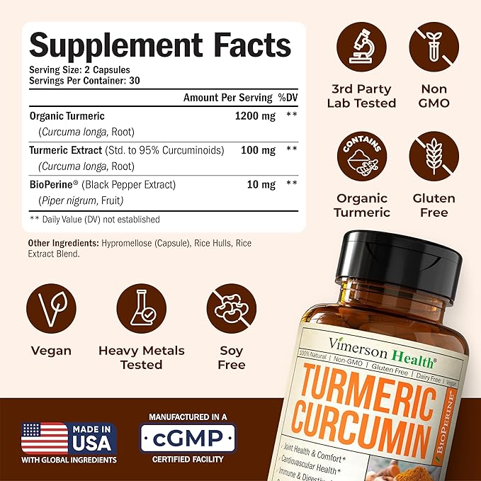 Turmeric Curcumin Supplement – 1200mg Organic Turmeric Curcumin with Black Pepper Extract for Max Absorption – Digestive & Joint Supplements for Men & Women w. Tumeric Extract & Bioperine – 60 Caps