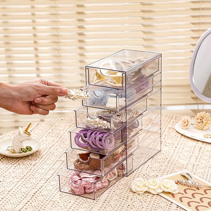 FABROK Clear Hair Accessory Organizer Box with 6 Drawers