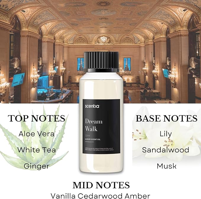 Scentia Dream Walk Diffuser Oil Refill – Hotel Fragrance Oil Inspired by 5-Star Spa Resort – 120 mL – White Tea, Cedarwood & Amber Long-Lasting Scent for Ultrasonic & Waterless Diffusers, Made in USA